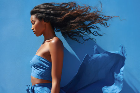 Graceful woman with dynamic Afro hairstyle against blue backgroundの素材