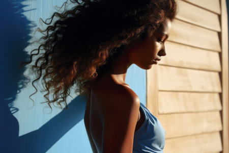 Graceful woman with dynamic Afro hairstyle against blue backgroundの素材