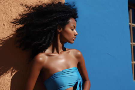 Graceful woman with dynamic Afro hairstyle against blue backgroundの素材