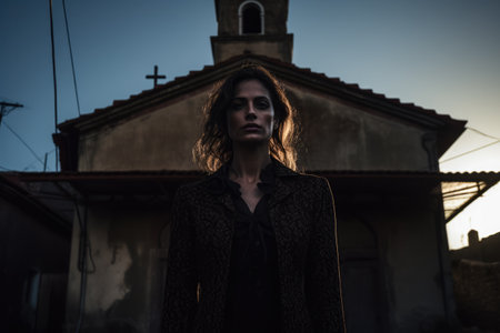 Enigmatic young woman in dark clothes next to an old churchの素材
