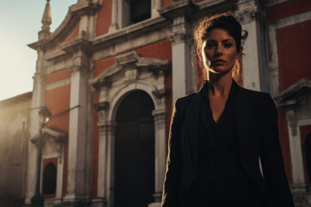 Enigmatic young woman in dark clothes next to an old churchの素材