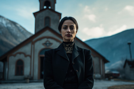 Enigmatic young woman in dark clothes next to an old churchの素材