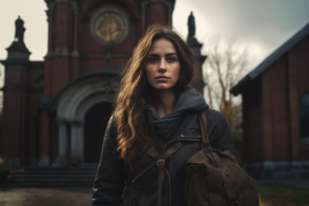Enigmatic young woman in dark clothes next to an old churchの素材