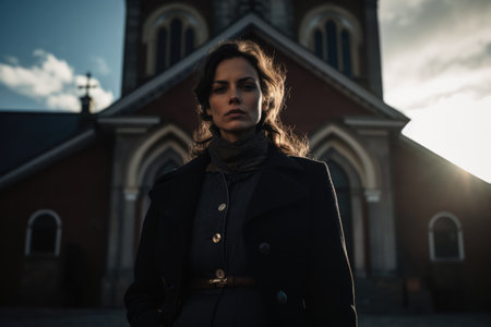 Enigmatic young woman in dark clothes next to an old churchの素材