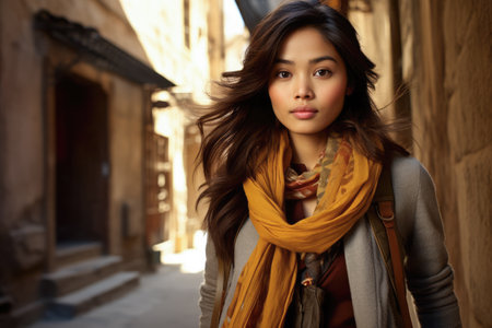 Radiant Asian woman with cozy scarf on a city streetの素材