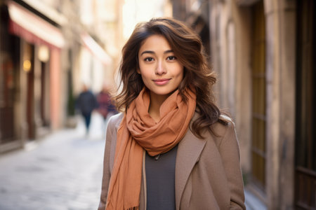 Radiant Asian woman with cozy scarf on a city streetの素材