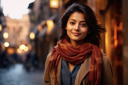 Radiant Asian woman with cozy scarf on a city streetの素材