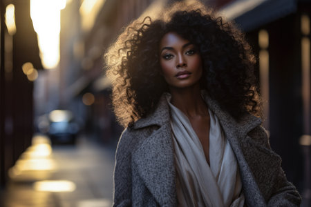 Chic African American woman with on a sunlit city streetの素材
