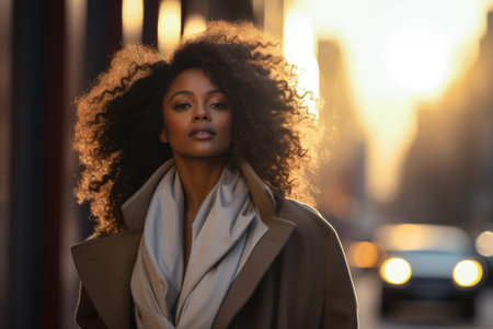 Chic African American woman with on a sunlit city streetの素材