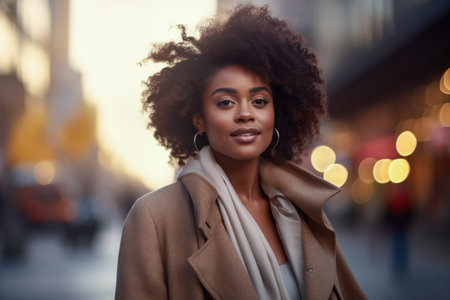 Chic African American woman with on a sunlit city streetの素材