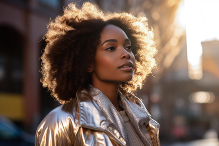Chic African American woman with on a sunlit city streetの素材