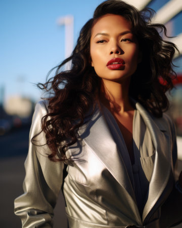 Chic Asian woman in elegant winter fashion on a cityscapeの素材