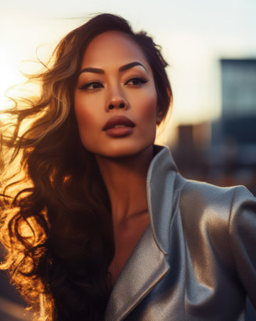 Chic Asian woman in elegant winter fashion on a cityscapeの素材