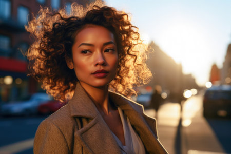 Chic Asian woman in elegant winter fashion on a cityscapeの素材