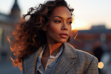 Chic Asian woman in elegant winter fashion on a cityscapeの素材