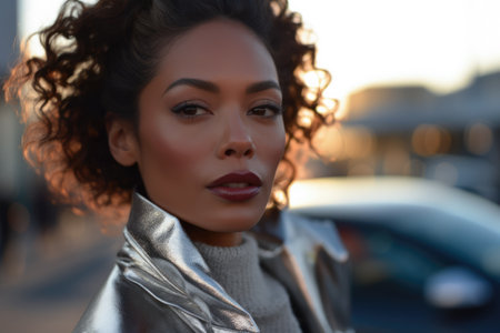 Chic Asian woman in elegant winter fashion on a cityscapeの素材