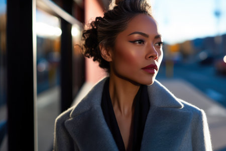 Chic Asian woman in elegant winter fashion on a cityscapeの素材