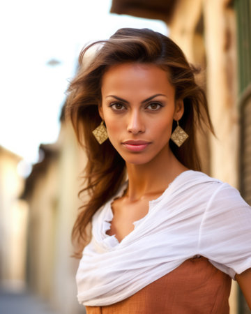 Beautiful young woman with a scarf on sunlit alleyの素材