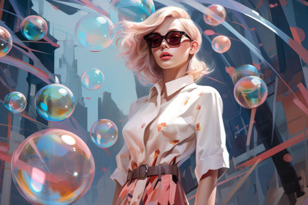 Fashionable retro style portrait of a woman with bubblesの素材