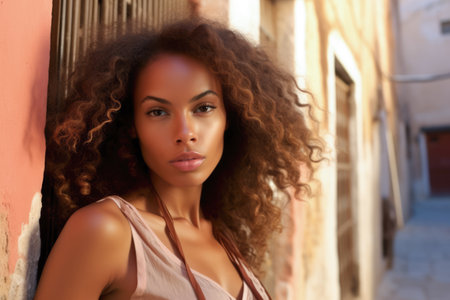 Stunning urban chic African American woman with curly hairの素材