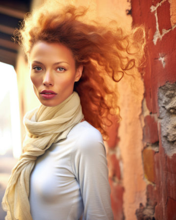 Redhead young woman with chic scarf on a city streetの素材