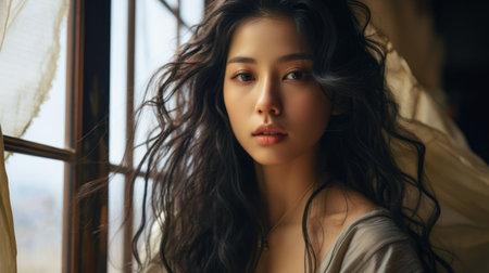 Portrait of a young Asian woman with an intense gaze expressionの素材