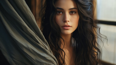 Portrait of a young Asian woman with an intense gaze expressionの素材