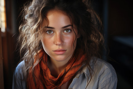 Natural portrait of a young woman with frecklesの素材