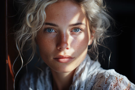 Natural portrait of a young woman with frecklesの素材