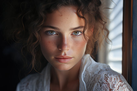 Natural portrait of a young woman with frecklesの素材