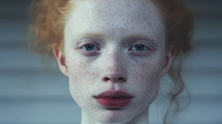 Hyperrealistic portrait of a young woman with frecklesの素材
