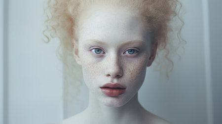 Hyperrealistic portrait of a young woman with frecklesの素材