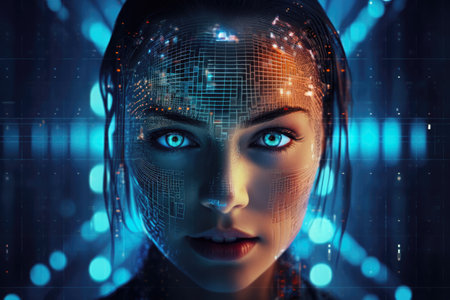 Futuristic cyberpunk portrait of a young womanの素材