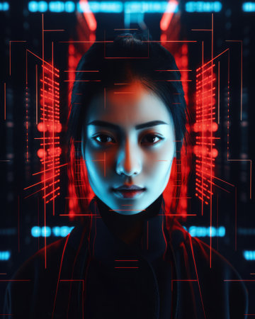 Futuristic cyberpunk portrait of a young Asian womanの素材