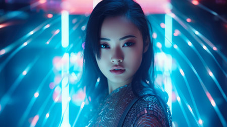 Futuristic cyberpunk portrait of a young Asian womanの素材