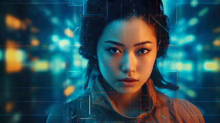 Futuristic cyberpunk portrait of a young Asian womanの素材
