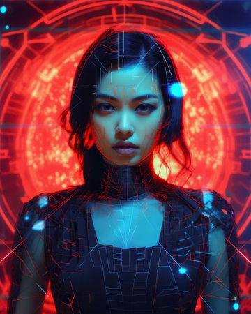 Futuristic cyberpunk portrait of a young Asian womanの素材
