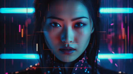 Futuristic cyberpunk portrait of a young Asian womanの素材