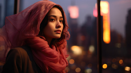 Young Asian woman in a city scene at duskの素材