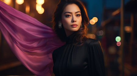 Young Asian woman in a city scene at duskの素材