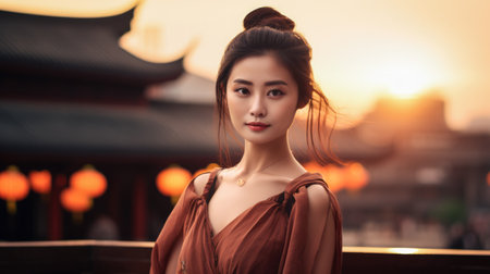 Young Asian woman with a city background and copyspaceの素材