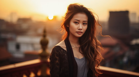 Young Asian woman with a city background and copyspaceの素材