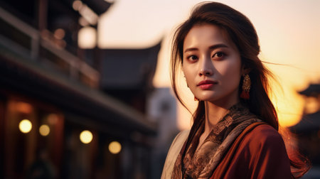 Young Asian woman with a city background and copyspaceの素材