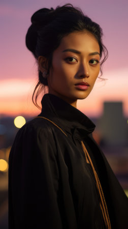 Young Asian woman in a city scene at duskの素材