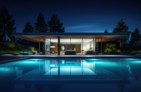 Evening photo of a modern villa with infinity poolの素材