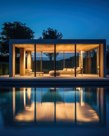 Evening photo of a modern villa with infinity poolの素材