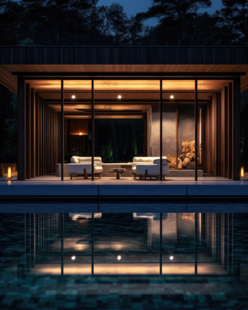 Evening photo of a modern villa with infinity poolの素材