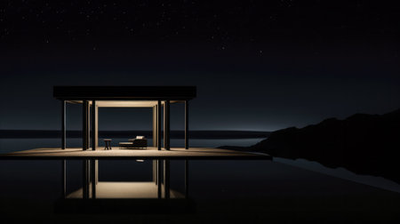 Modern swimming pool area at nightの素材