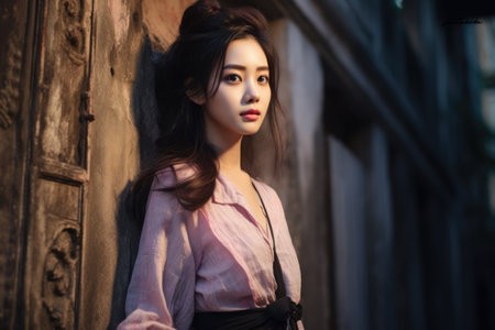Young Asian woman in a city sceneの素材