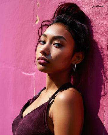 Young diverse woman against a vibrant colored wallの素材